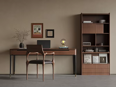 Wooden Desk with Modern Chair Laptop Table Lamp Vase Wall Art and Bookcase 3d model
