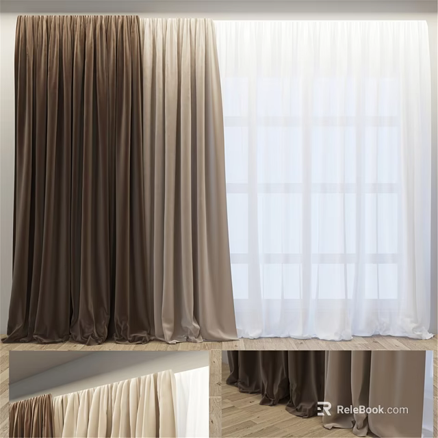Brown And White Curtains With Thick And Sheer Layers For Modern Window Decor 3d model 