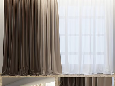 Brown And White Curtains With Thick And Sheer Layers For Modern Window Decor 3d model