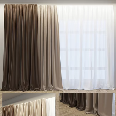Brown And White Curtains With Thick And Sheer Layers For Modern Window Decor 3d model