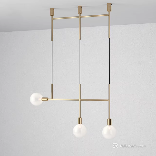 Modern Minimalist Golden Metal Pendant Light With Three White Globe Bulbs 3d model 