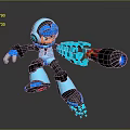 Blue Helmeted Game Movie Character In Dynamic Action Pose With Glowing Weapon