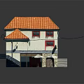 Two Story Building with Orange Roof Red Windows White Walls Porch Umbrellas and Stairs