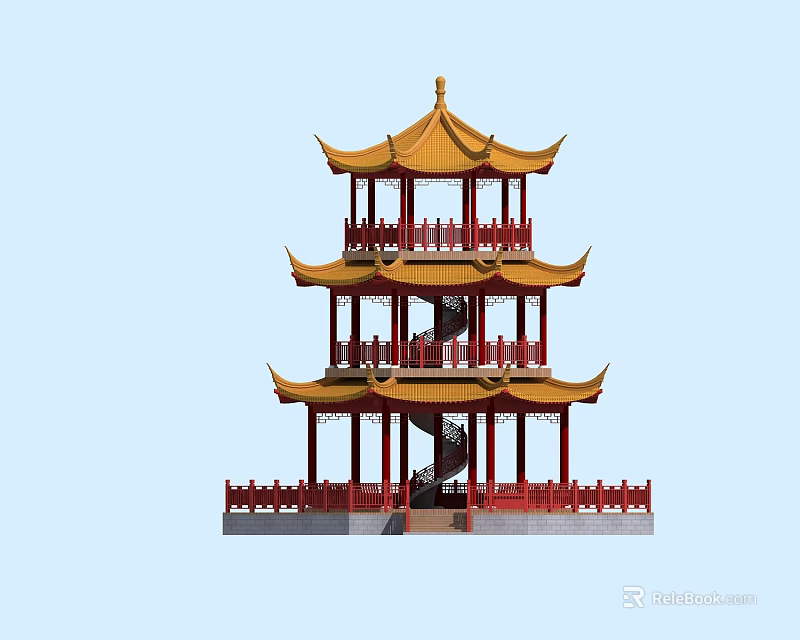 Traditional Chinese Three Story Pavilion With Yellow Roof Red Pillars And Curved Eaves 3d model 