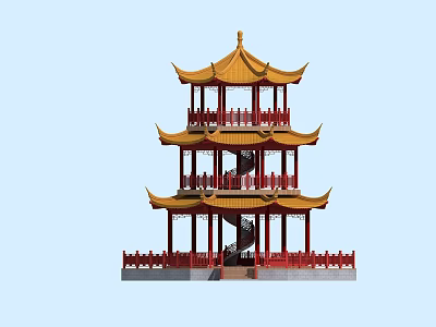 Traditional Chinese Three Story Pavilion With Yellow Roof Red Pillars And Curved Eaves 3d model