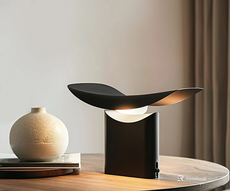 Sleek Modern Table Lamp With Curved Black Shade On Wooden Table Home Decor 3d model 