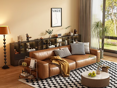 Cozy Brown Leather Double Sofa With Pillows Throw Blanket And Checkered Rug In Living Room 3d model