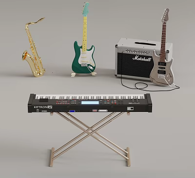 Assorted Musical Instruments Featuring Saxophone Electric Guitar Amplifier and Keyboard Setup 3d model