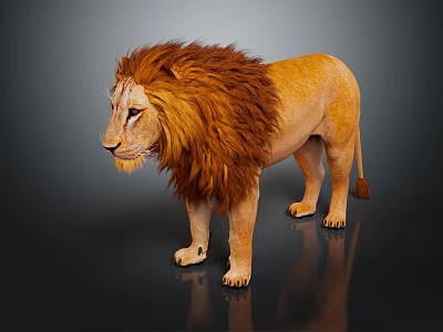 Majestic Lion with Thick Brown Mane Standing on Dark Background with Reflection 3d model
