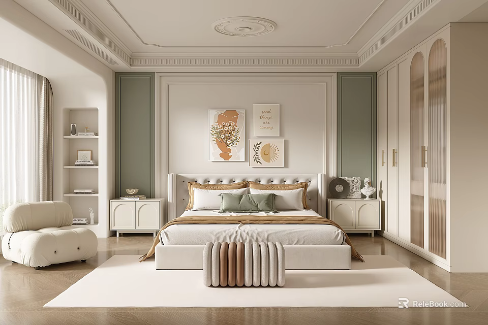 Elegant Bedroom Interior With King Size Bed Decorative Paintings Nightstands Wooden Wardrobe And Area Rug 3d model 