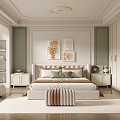Elegant Bedroom Interior With King Size Bed Decorative Paintings Nightstands Wooden Wardrobe And Area Rug