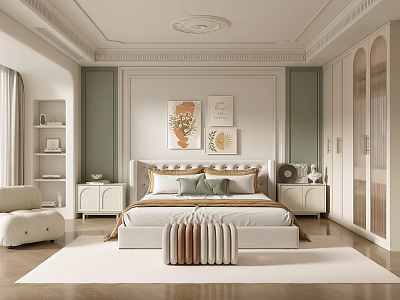 Elegant Bedroom Interior With King Size Bed Decorative Paintings Nightstands Wooden Wardrobe And Area Rug 3d model