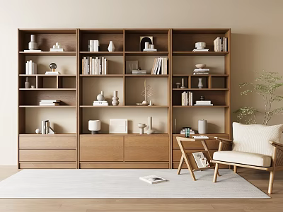 Wooden Bookshelf With Multiple Shelves Decorative Items And Cozy Reading Corner 3d model