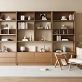 Wooden Bookshelf With Multiple Shelves Decorative Items And Cozy Reading Corner