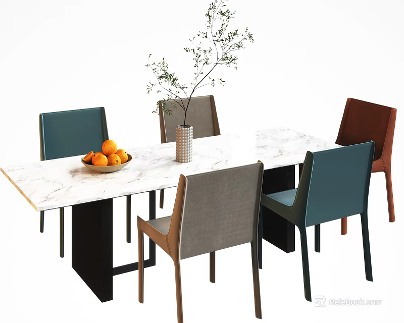 Modern Dining Table Set With Marble Top Multi Colored Chairs Vase And Oranges 3d model