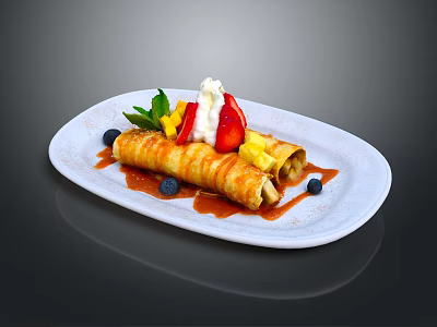 Fresh Rolled Crepe With Strawberry Mango Blueberry Whipped Cream And Mint Leaves 3d model