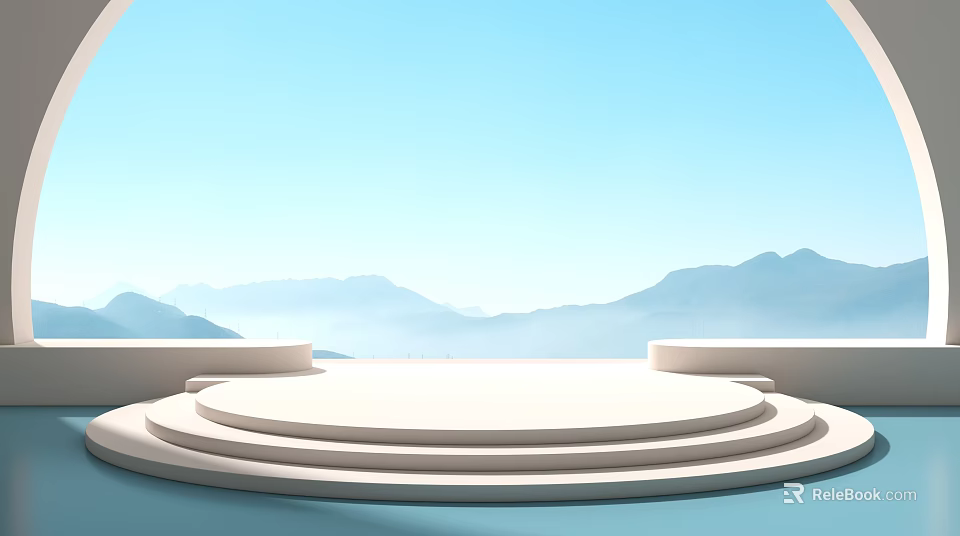 Kids Play Area With White Circular Step Platform And Blue Sky Distant Mountains 3d model 