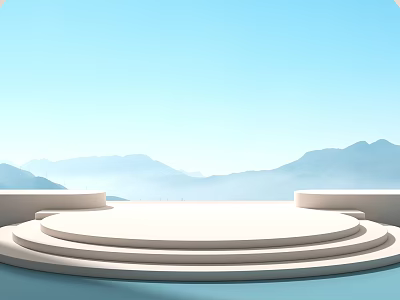 Kids Play Area With White Circular Step Platform And Blue Sky Distant Mountains 3d model