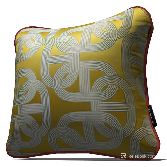 Yellow Throw Pillow With White Intertwined Geometric Abstract Pattern And Red Trim 3d model 