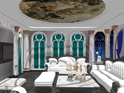 Luxurious KTV Lounge With White Sofas Round Ceiling Mural And Stained Glass Windows 3d model