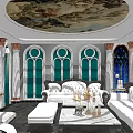 Luxurious KTV Lounge With White Sofas Round Ceiling Mural And Stained Glass Windows