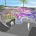 Modern Unique Pergola with Colorful Lights at Night Under Starry Sky People Interacting Around