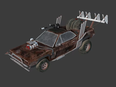 Rusty Modified Combat Car With Roof Spikes Spare Tires And Armor Design 3d model