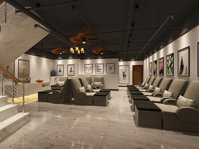 Modern Beauty Hair Salon Interior Design With Comfortable Chairs And Art Paintings 3d model