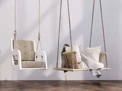Hanging Swing Chairs Indoor Upholstered and Rattan Design with Cushions Blanket White Wall Wooden Floor 3d model