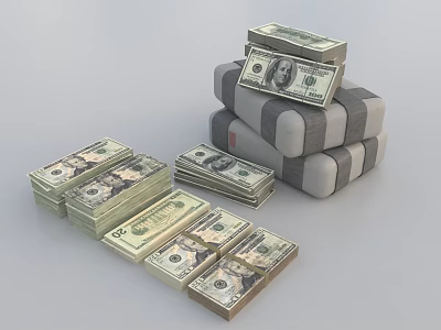 Realistic US Dollar Bills Decorative Ornament Set with Stacked Scattered and Grey Cloth Wrapped Bundles 3d model