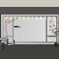 Modern Interior With Vertical Blinds Covering Large Windows Floor Lamp Chair Plant And Storage Cabinets