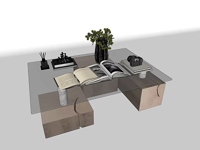 Modern Coffee Table With Glass Top Open Book Green Plant Camera And Stationery 3d model