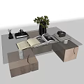 Modern Coffee Table With Glass Top Open Book Green Plant Camera And Stationery