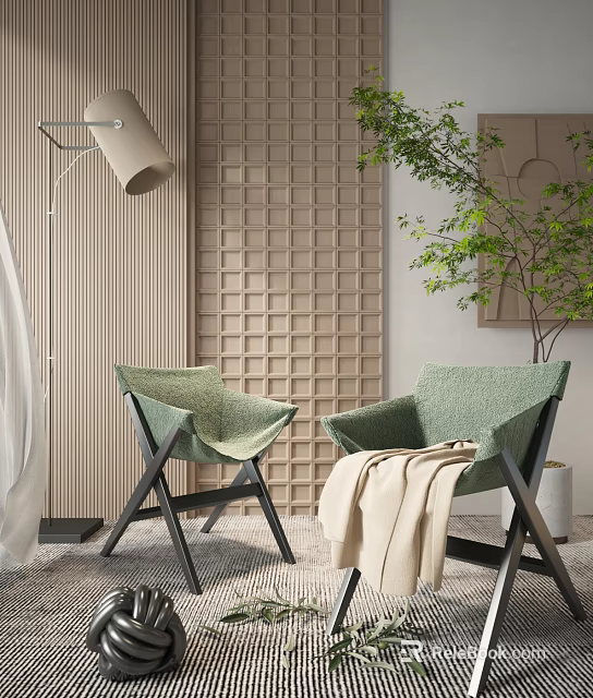Two Green Accent Chairs With Black Wooden Frames And Cream Blanket Near Beige Grid Wall 3d model 