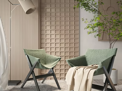 Two Green Accent Chairs With Black Wooden Frames And Cream Blanket Near Beige Grid Wall 3d model