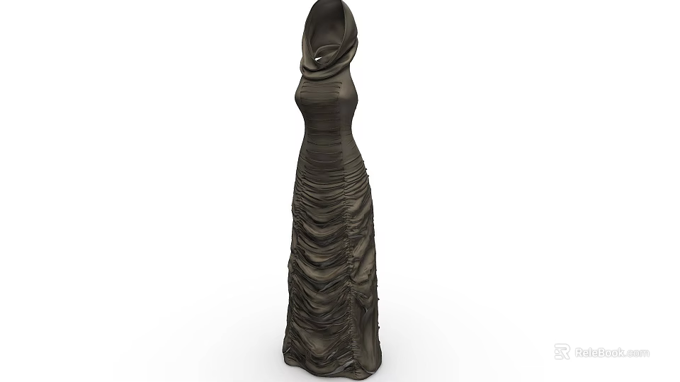 Stylish Dark Long Ruffled Dress With Hooded Collar And Flowy Silhouette 3d model 