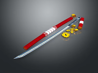 Traditional Japanese Sword With Red Scabbard Blue Blade And Yellow Accessories 3d model