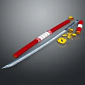 Traditional Japanese Sword With Red Scabbard Blue Blade And Yellow Accessories