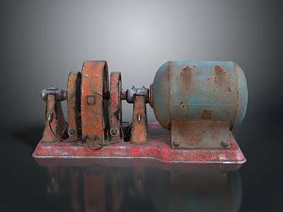 Rusty Mechanical Device Featuring Red Wheels Green Drum and Metal Base 3d model