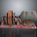 Rusty Mechanical Device Featuring Red Wheels Green Drum and Metal Base 3d model