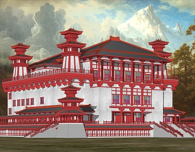 Qin and Han Dynasty style antique hotel tourist service center building 3d model