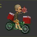 Man Riding Motorcycle Holding Tray With Condiment Bottle And Red Boxes On Sides