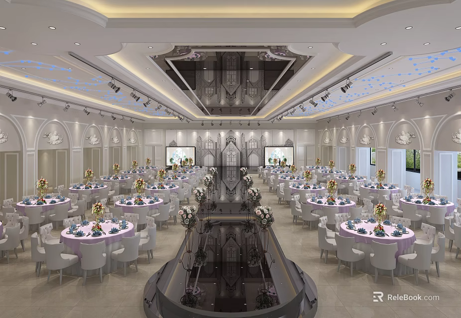 Elegant Banquet Hall Interior with Round Tables Floral Centerpieces and Chandeliers 3d model 