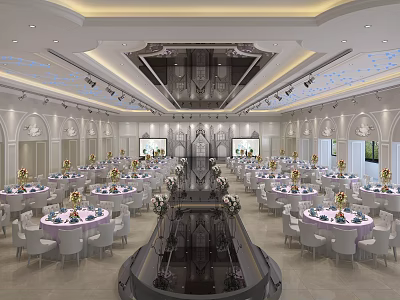 Elegant Banquet Hall Interior with Round Tables Floral Centerpieces and Chandeliers 3d model