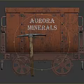 Rusty Red Mining Cart With Aurora Minerals Text Wheels And Wooden Stick
