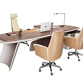 Modern Office Desk with Laptop Desk Lamp Notebook and Pen Holder and Beige Leather Chairs