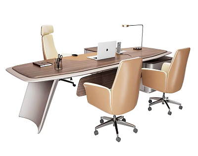 Modern Office Desk with Laptop Desk Lamp Notebook and Pen Holder and Beige Leather Chairs 3d model