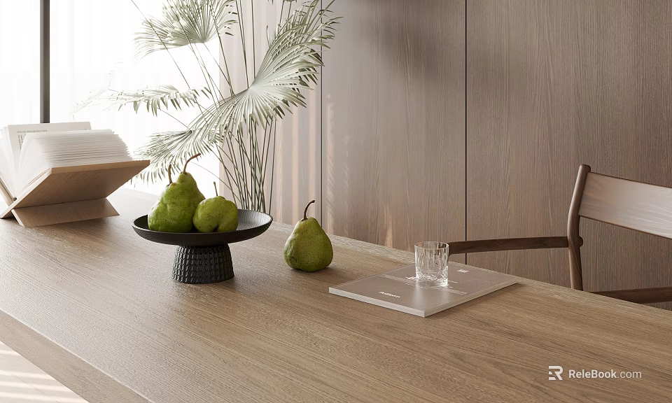 Modern Decorative Ornament Set With Green Pears In Black Bowl On Wooden Dining Table 3d model 