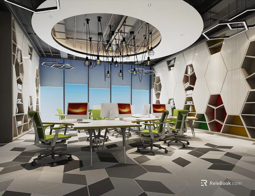 Modern Public Office Space Interior With Large Work Table Green Chairs And Geometric Wall Panels 3d model