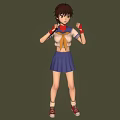 Anime Girl In Sailor Uniform Brown Short Hair Red Wristbands Fists Clenched Serious Green Background